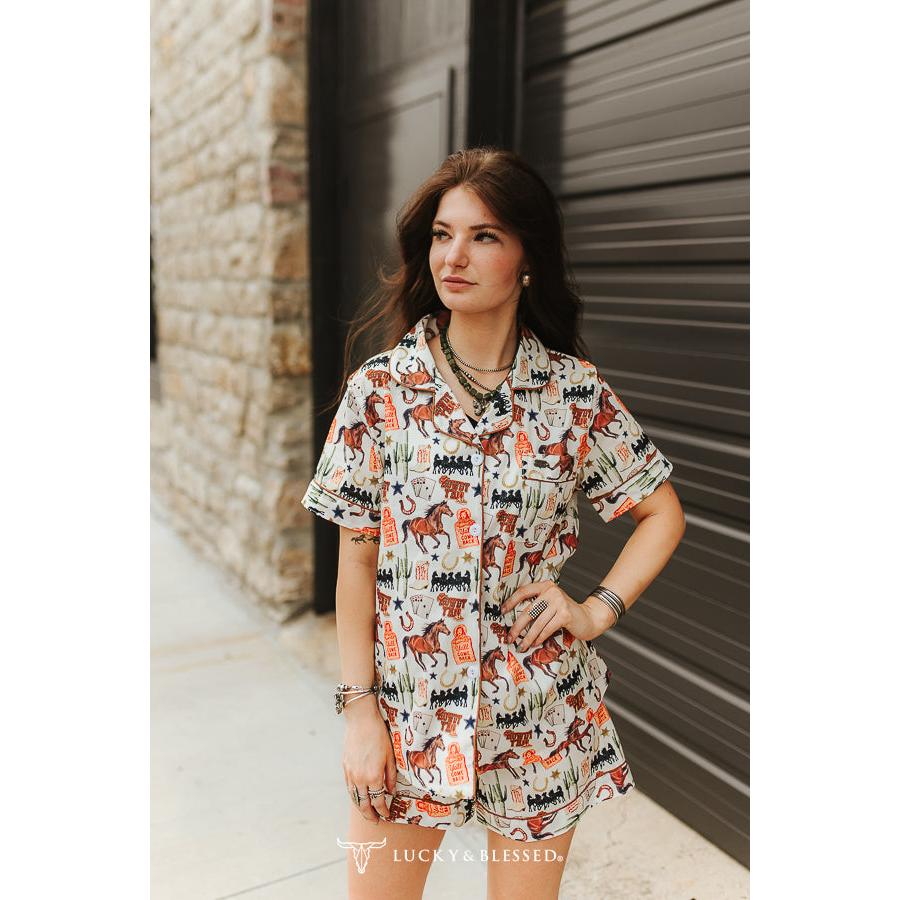 Lucky & Blessed  Western Rodeo Print Button Down Shorts Set- Western