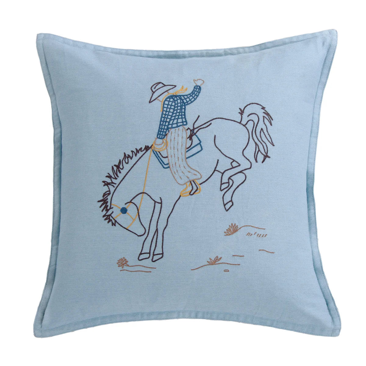 Hi End Accents Denim Embroidery 18 x 18 Rodeo Bronc Pillow- Blue