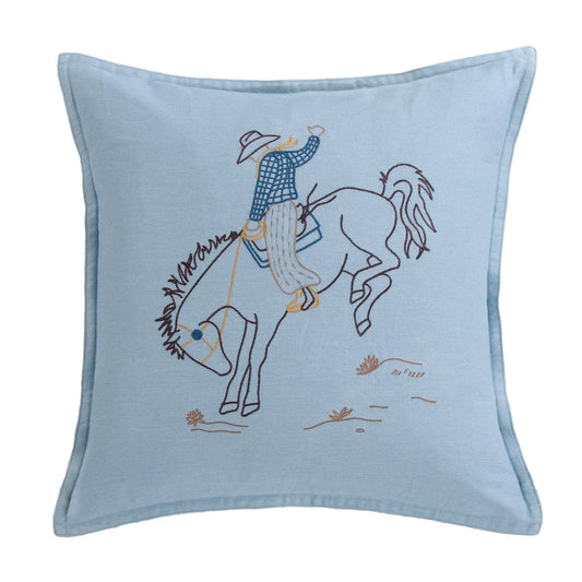 Hi End Accents Denim Embroidery 18 x 18 Rodeo Bronc Pillow- Blue