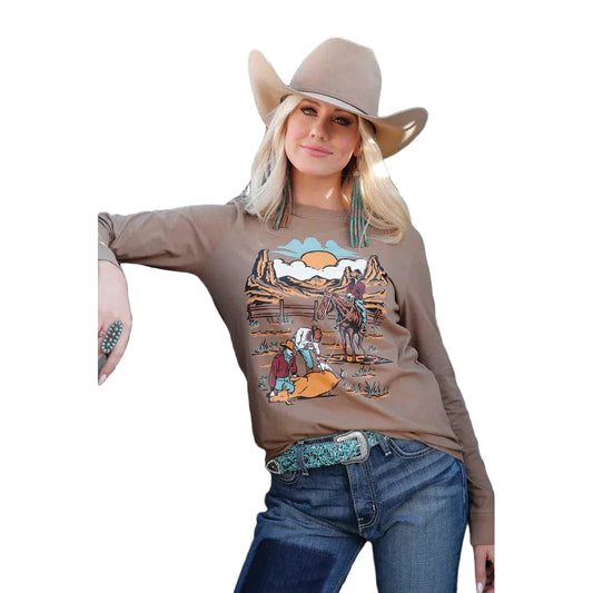 Cruel Women's Branding Scene Long Sleeve Tee Shirt- Khaki