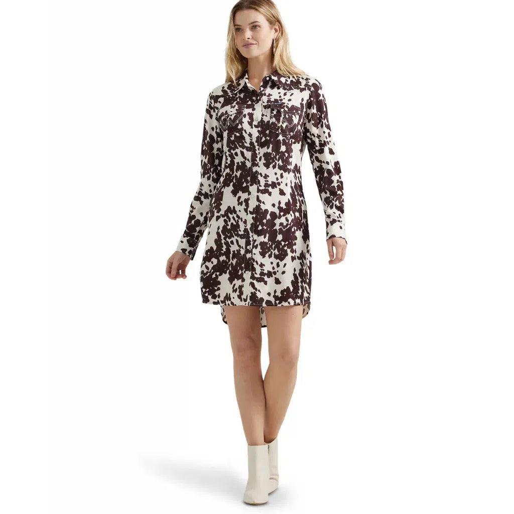 Wrangler Women's Long Sleeve Cow Print Snap Down Dress- Brown