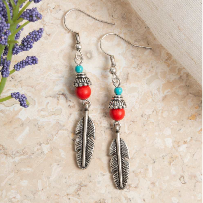 Edenborough Drop Feather Earrings - Turquoise/Red