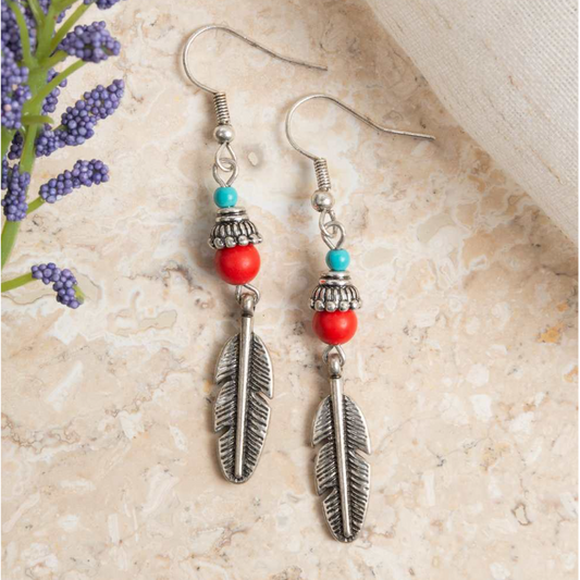 Edenborough Drop Feather Earrings - Turquoise/Red
