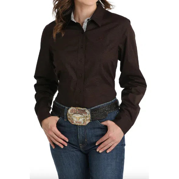 Cinch Women's Long Sleeve Geo Print Button Down Shirt- Brown