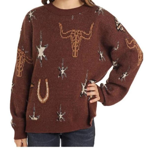 Rock & Roll Women's Long Sleeve Quirky Conversational Sweater- Dark Brown