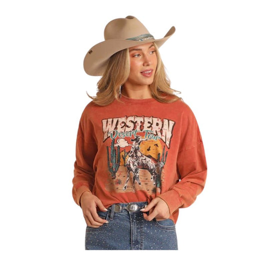 Rock & Roll Women's Long Sleeve Graphic Pullover- Scarlet