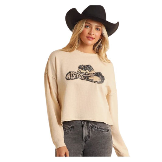 Rock & Roll Women's Long Sleeve Western Hat Graphic Pullover- Cream