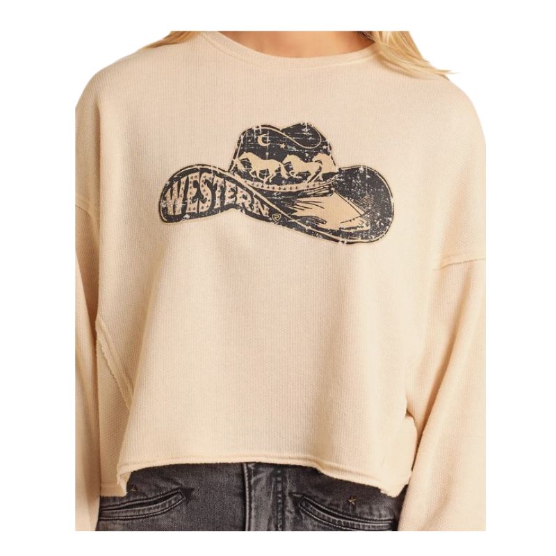 Rock & Roll Women's Long Sleeve Western Hat Graphic Pullover- Cream