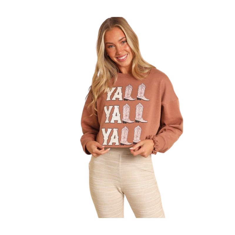 Rock & Roll  Women's Y'ALL Long Sleeve Graphic Pullover- Brown