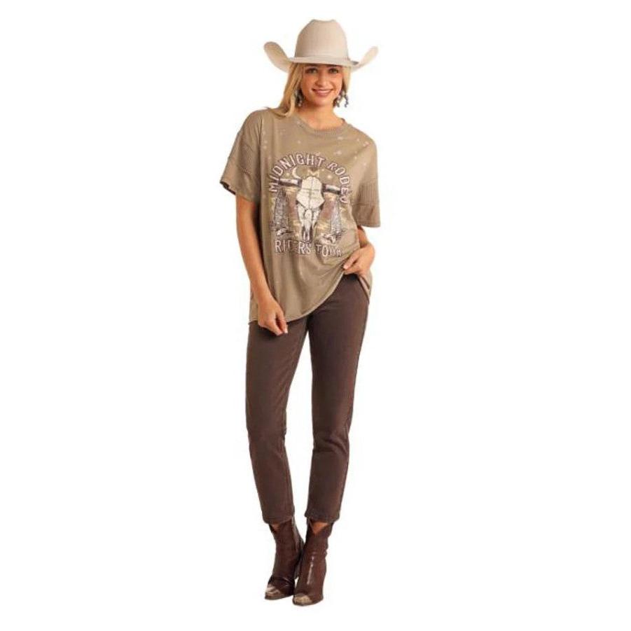 Rock & Roll Women's Short Sleeve Oversize Tee Shirt with Rib Detail- Jade