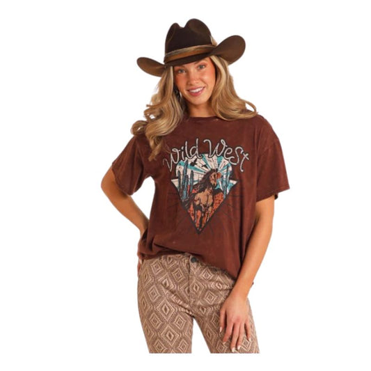 Rock & Roll Women's Short Sleeve Oversize Graphic Tee Shirt- Dark Brown