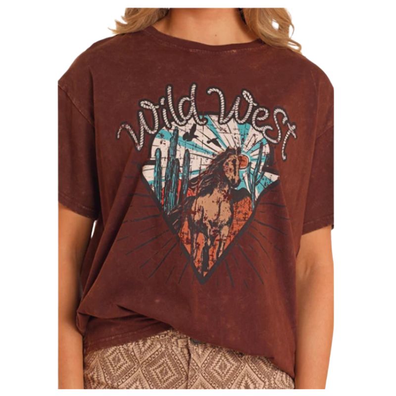 Rock & Roll Women's Short Sleeve Oversize Graphic Tee Shirt- Dark Brown