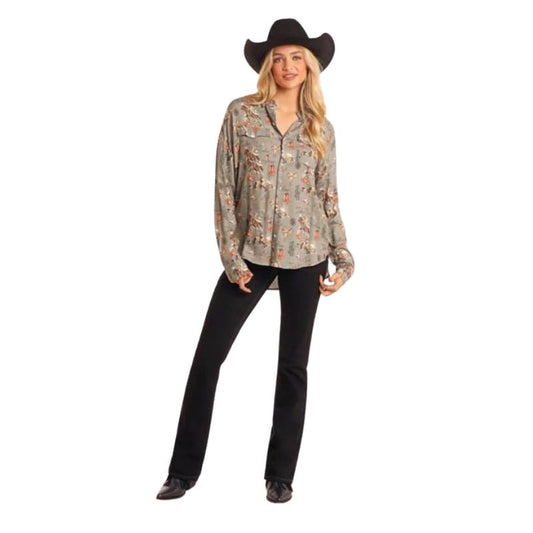 Rock & Roll Women's Long Sleeve Retro Conversational Shirt- Jade