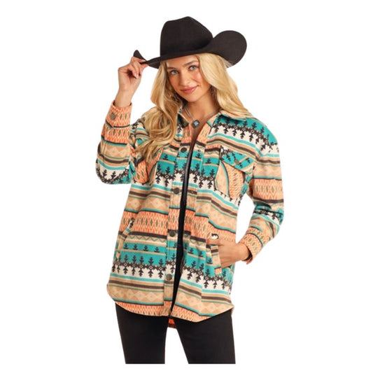 Rock & Roll Women's Aztec Fleece Shacket- Turquoise