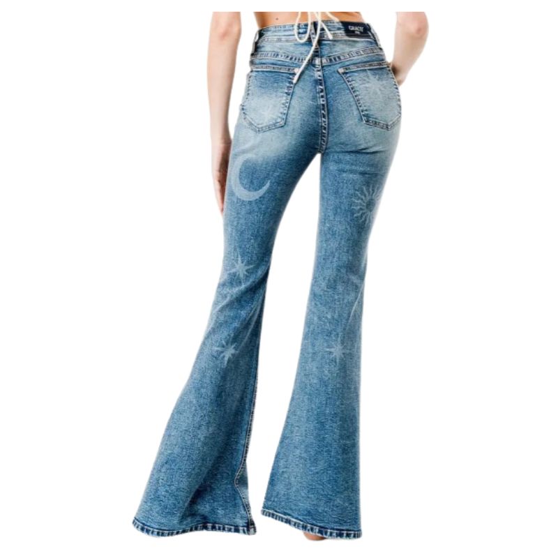 Grace in LA Women's Jeans - Split Flare - Star/Moon Print