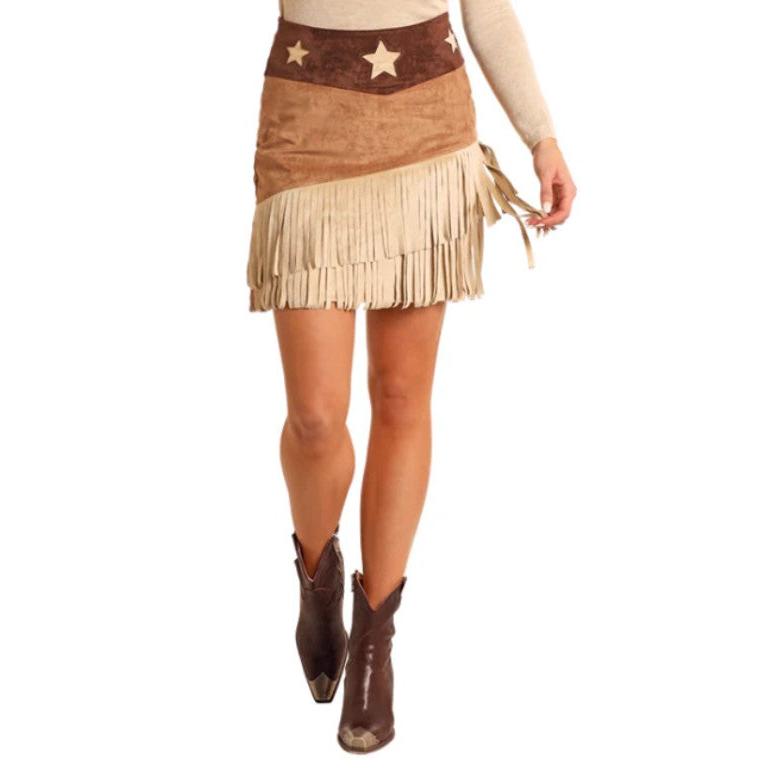 Rock & Roll Women's Microsuede Star with Fringe Skirt-Khaki