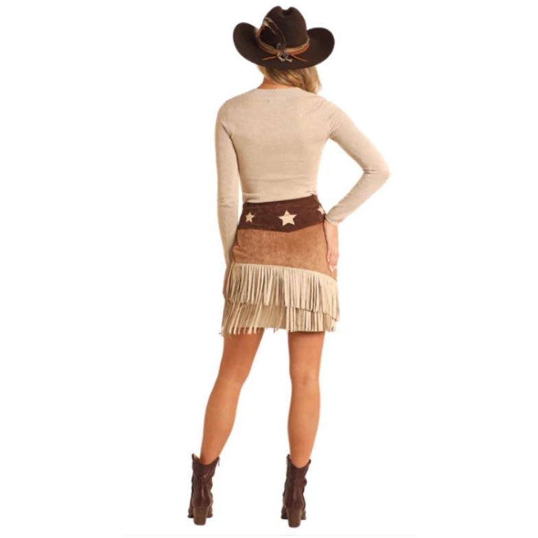 Rock & Roll Women's Microsuede Star with Fringe Skirt-Khaki