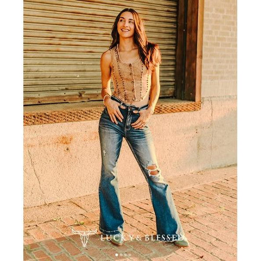 Lucky & Blessed Women's High Rise Trouser Jeans - Dark Wash