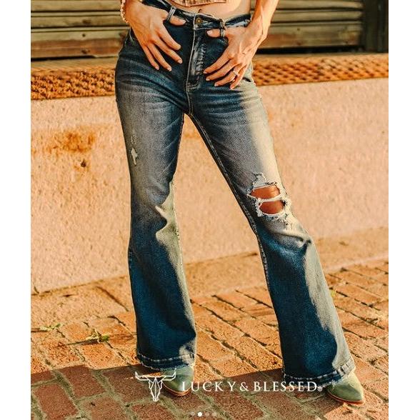 Lucky & Blessed Women's High Rise Trouser Jeans - Dark Wash