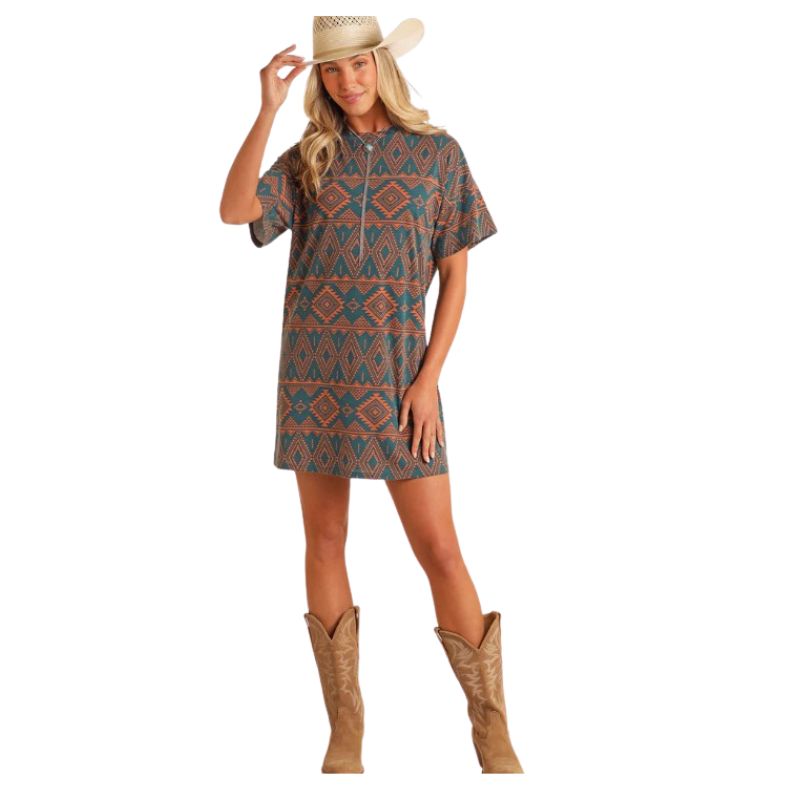 Rock & Roll Women's Aztec Printed Tee Shirt Dress- Teal