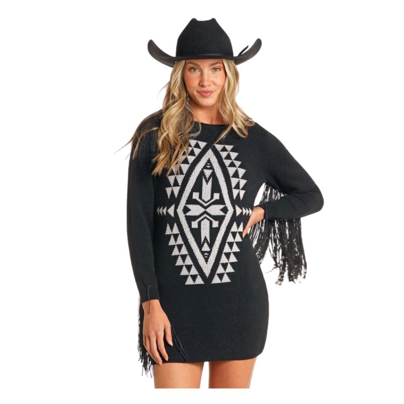 Rock & Roll Women's Aztec Sweater Dress with Fringe - Black