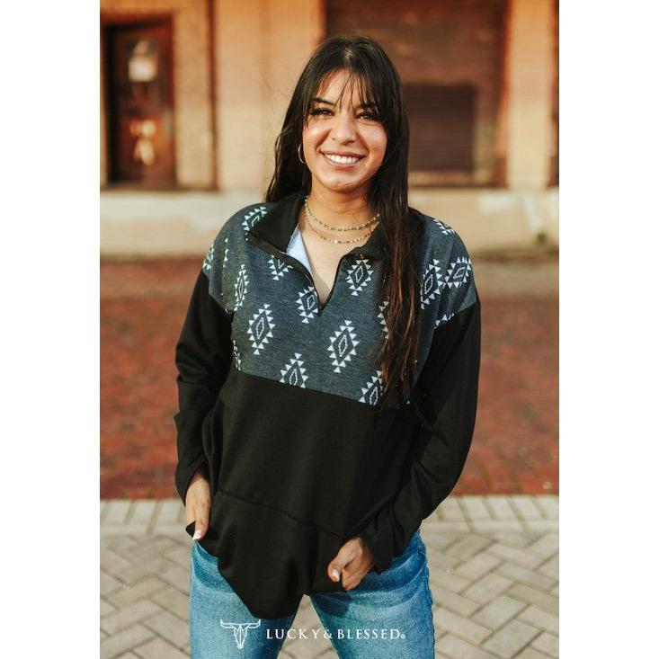 Lucky & Blessed Women's Aztec Quarter Zip Up Turtleneck Pullover- Black