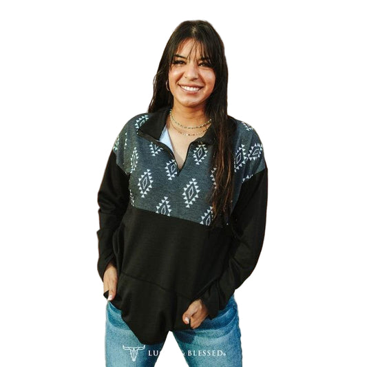 Lucky & Blessed Women's Aztec Quarter Zip Up Turtleneck Pullover - Black