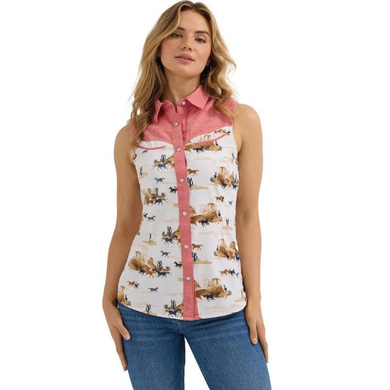 Wrangler Women's Sleeveless Americana Shirt- White/ Red Multi