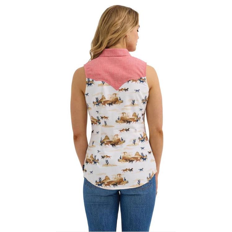 Wrangler Women's Sleeveless Americana Shirt- White/ Red Multi