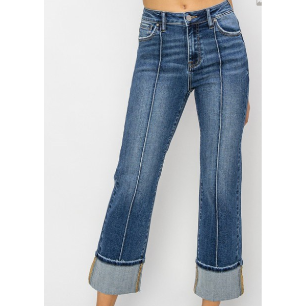 Risen Women's High Rise Ankle Straight Wide Cuff Jeans- Dark Wash