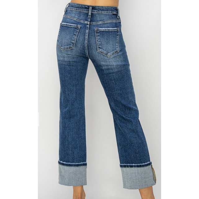 Risen Women's High Rise Ankle Straight Wide Cuff Jeans- Dark Wash