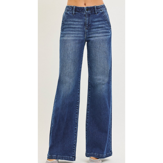 Risen Women's High Rise Wide Leg Slanted Pocket Jeans- Dark Wash