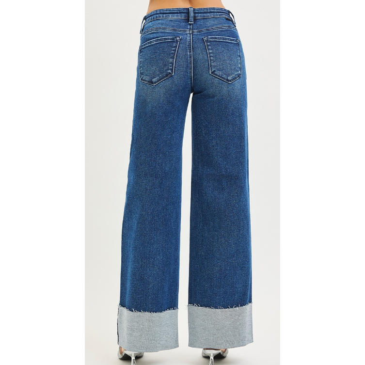 Risen Women's Slouchy Wide Leg Jeans with Cuffed Hem- Dark Wash