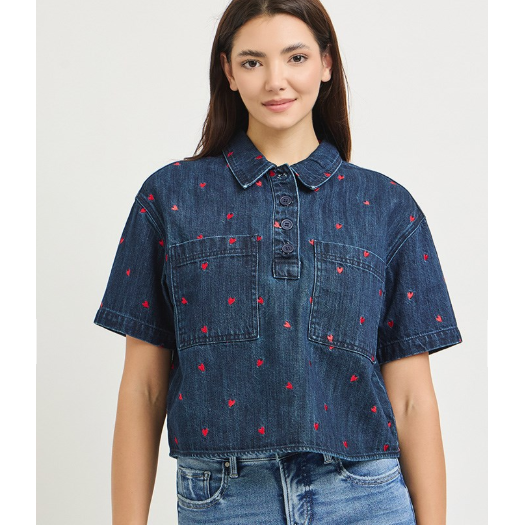 Risen Women's Cropped Shirt with Heart Embroidery- Dark Wash