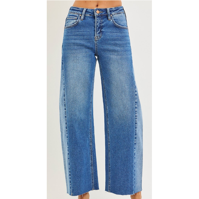 Risen Women's Slouchy Cropped Barrel Jeans with Contrast Wash- Medium