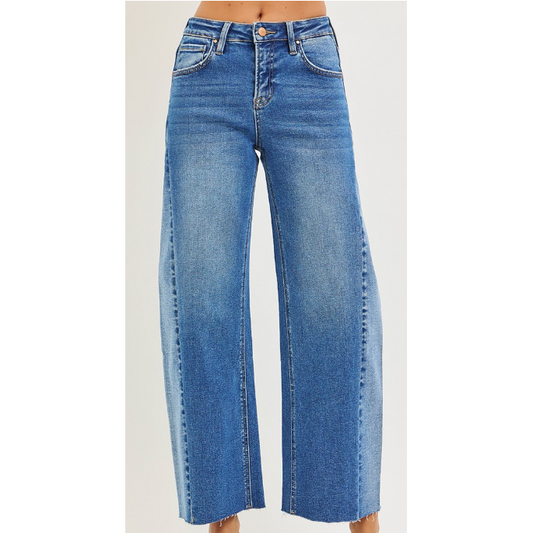 Risen Women's Slouchy Cropped Barrel Jeans with Contrast Wash- Medium