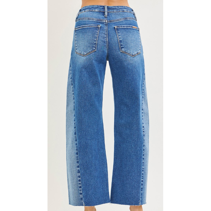 Risen Women's 4 Way Stretch Mid Rise Barrel Patch  Pocket Jeans- Dark Wash