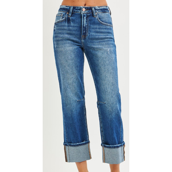 Risen Women's High Rise Stretchy  Straight Cuffed Hem Jeans- Dark Wash