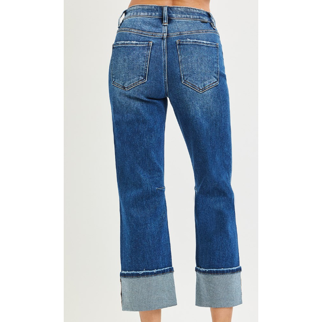 Risen Women's High Rise Stretchy  Straight Cuffed Hem Jeans- Dark Wash