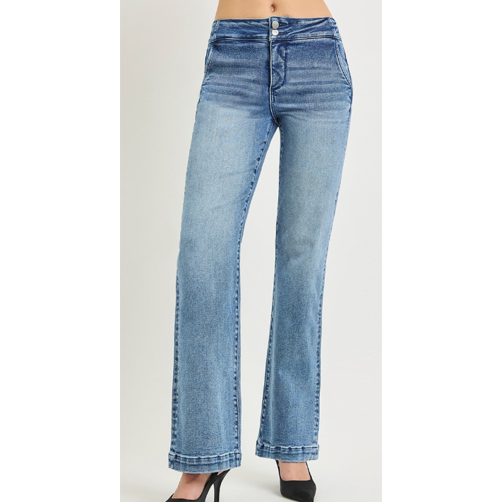 Risen Women's High Rise Stretchy Bootcut Double Button Down Jeans- Medium