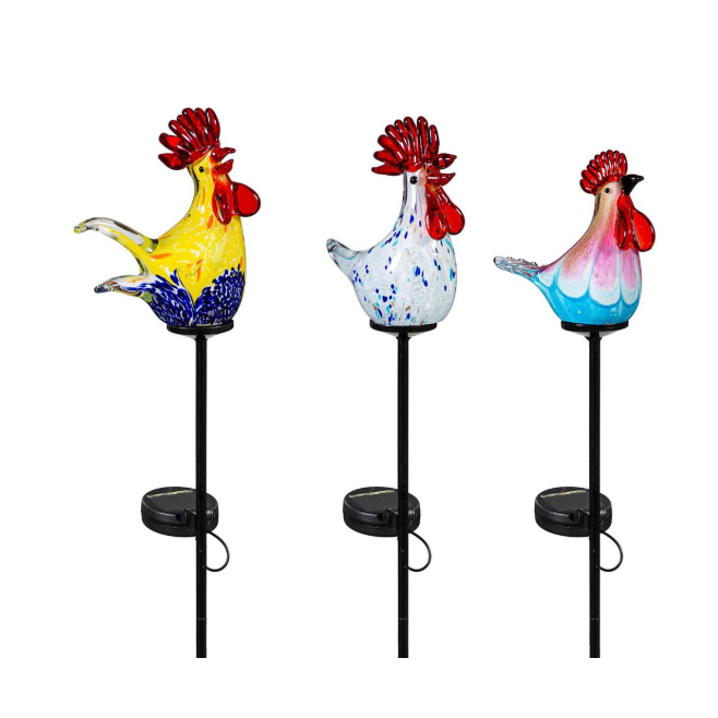 Evergreen Hillside Garden Stake Glass Solar Roosters