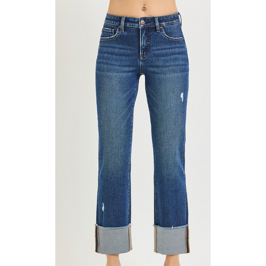 Risen Women's Tummy Control 4 Way Stretch Midrise Crop Straight Cuff Jean- Dark