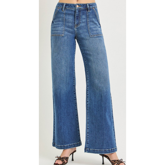 Risen Women's High Rise Wide Leg Jeans- Dark
