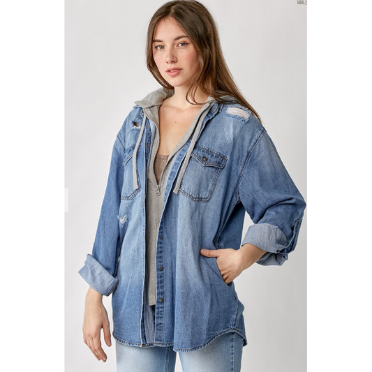 Risen Women's Oversized Vintage Denim Shirt With Zip Up Hoodie- Medium