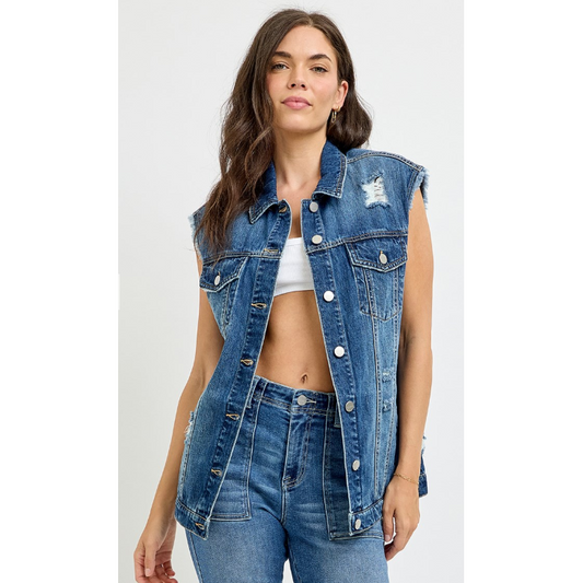Risen Women's Oversized Denim Vest- Dark