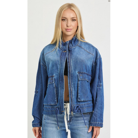 Risen Women's Oversized Jacket with Cargo Pockets and Waist String- Dark
