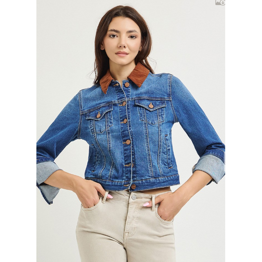 Risen Women's Denim Jacket with Contrast Corduroy Collar- Dark