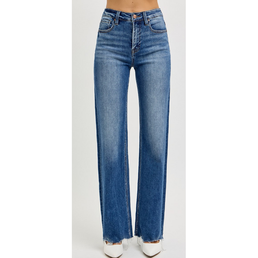 Risen Women's Tummy Control High Rise Wide Leg Raw Hem Jean- Dark