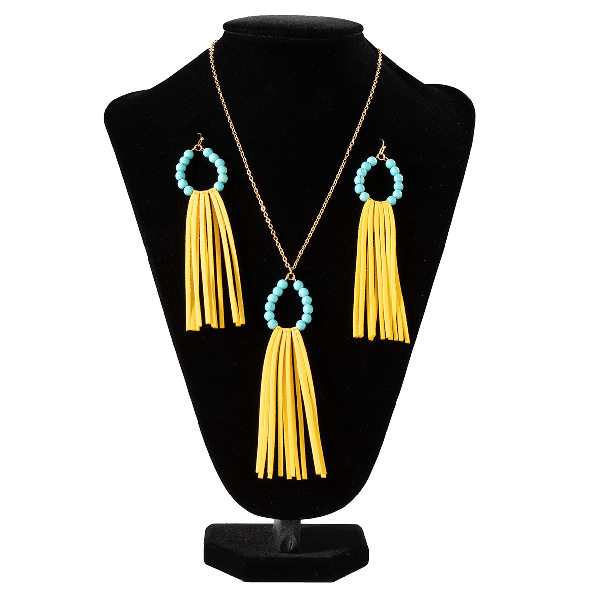 Silver Strike Women's Necklace & Earrings Set - Turquoise Beads Yellow Tassel