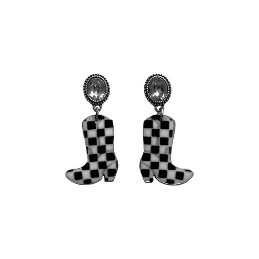Silver Strike Women's Checkered Boots Earrings- Black/White